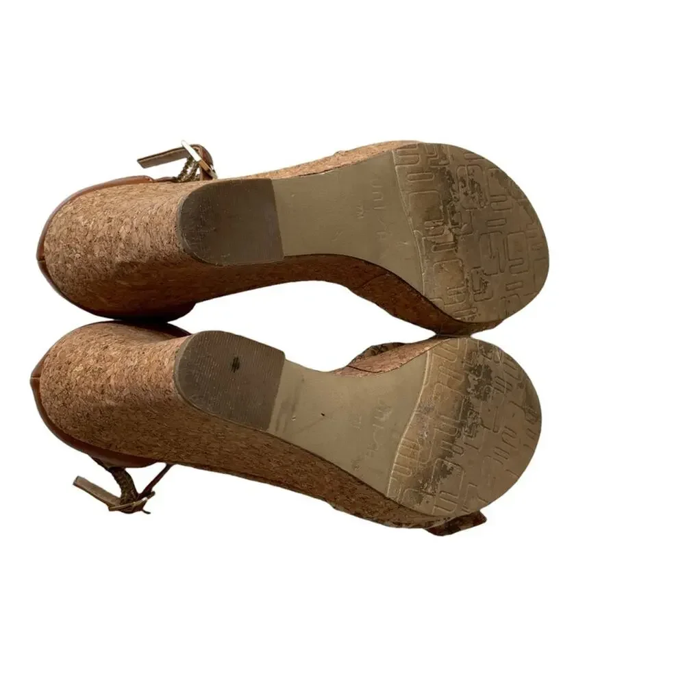 Unisa Wedge Floral Cork Peep Toe Neutral Tan 7 GUC